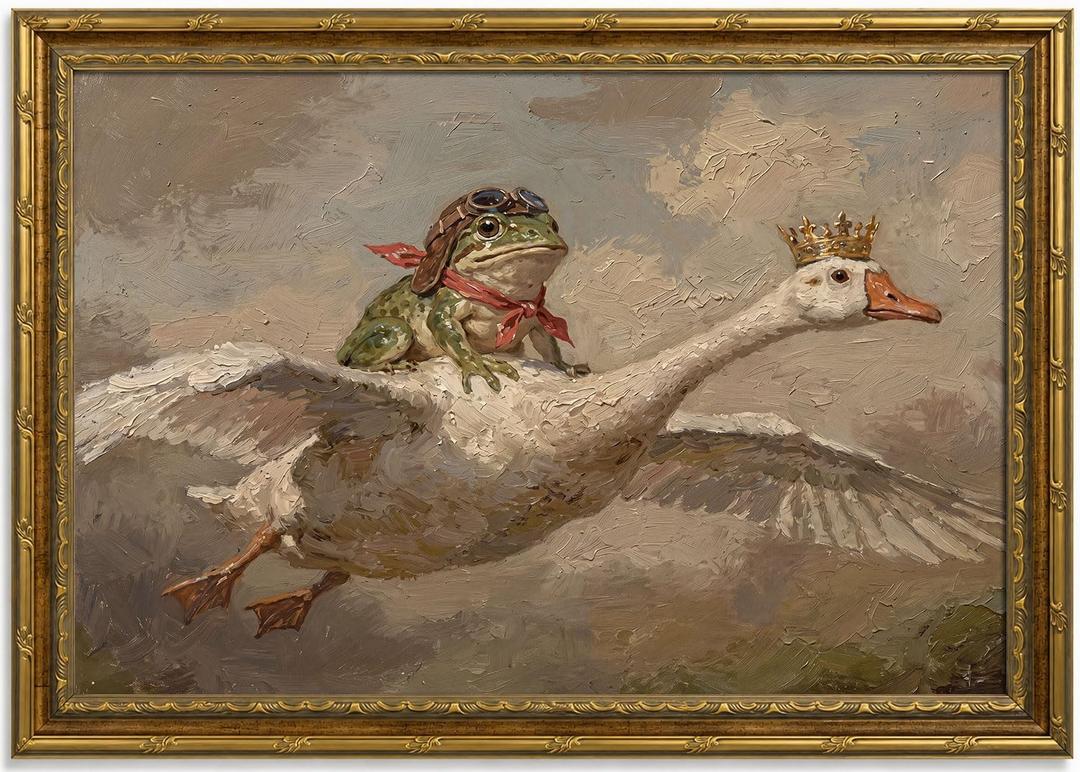 Gold Framed Frog Riding Goose Wall Art, Whimsical Canvas Print, 24x16