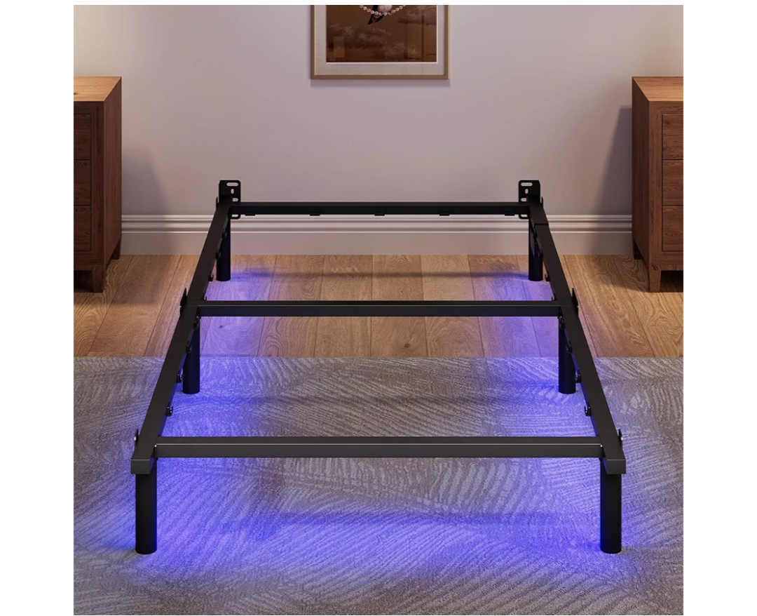 SHOANED Twin Size Bed Frame with LED, 7 Inch Metal Steel Bedframe for Box Spring and Mattress, Heavy Duty Basics Bed Base with Charging Station, Noise Free, Easy Assembly, Black