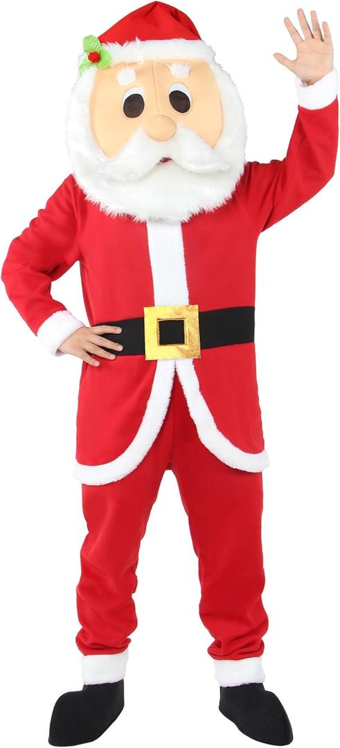 Christmas Mascot Santa Claus Costume Adult 3PCS Red Deluxe Onesie Jumpsuit Head for Xmas Halloween Cosplay Party (Large)