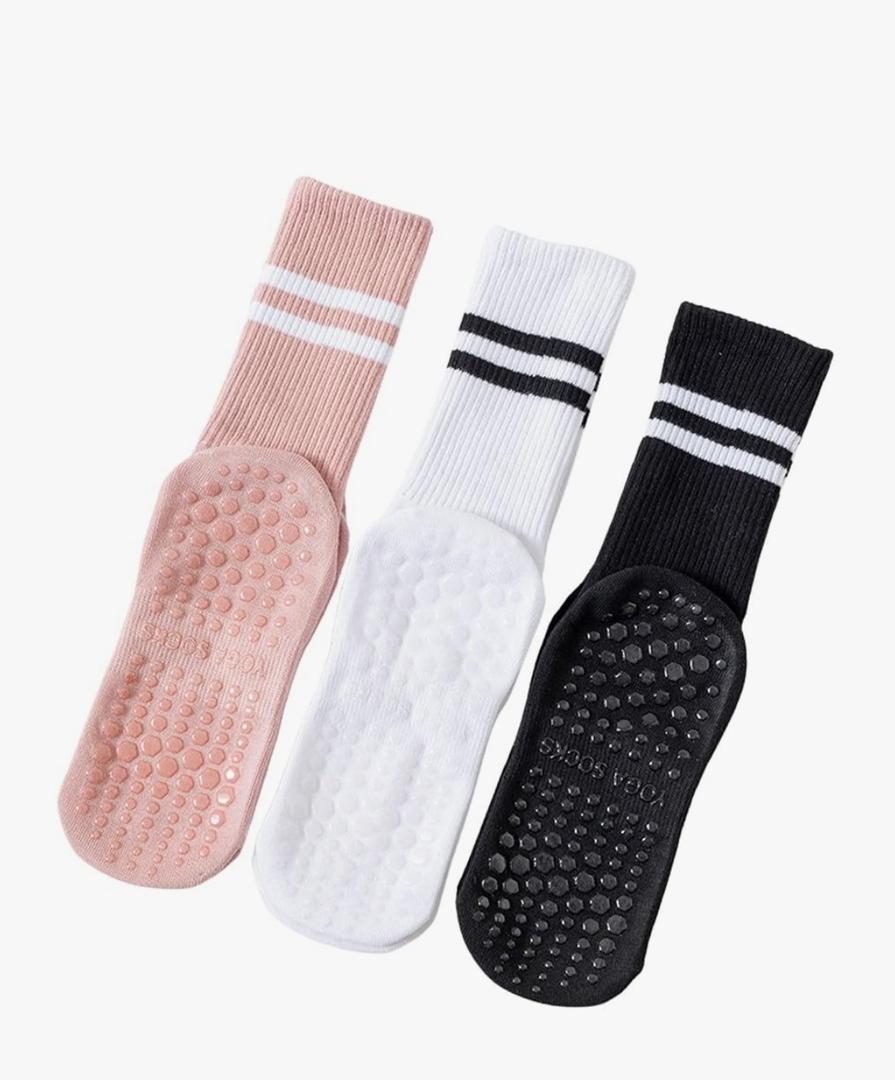 Pilates Socks With Grips for Women: Cute Non Slip Crew Gripper Yoga Sock - Grippy Sticky for Hospital/Dance Barre/Workout - Elderly Postpartum Slipper 3-Pair Set Size S/M 5-10