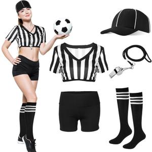 Cuffbow Women Referee Costume White and Black Stripe Ref Shirt Jersey Shorts Referee Hat Whistle for Football Soccer Cosplay (Large)