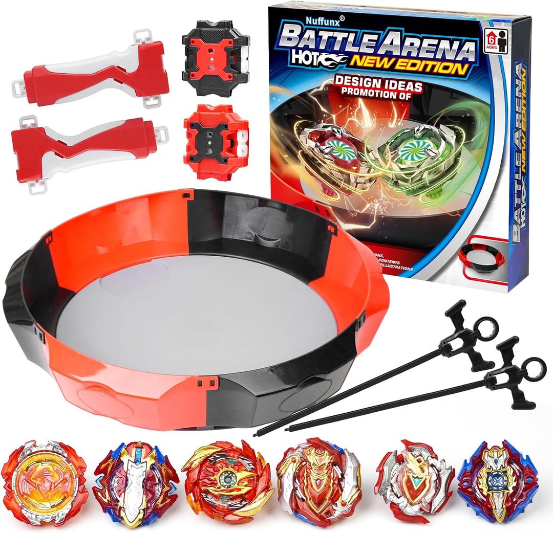 Nuffunx Bay Blade 17.8 Inch Large Stadium with 6 Burst Spinning Tops Launcher Set for Kids Ages 6+,Christmas and Birthday Gifts for Kids