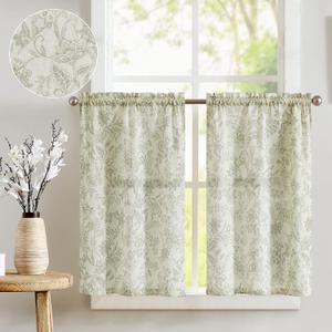 jinchan Floral Kitchen Curtains for Windows 36 Inch Linen Tier Farmhouse Cafe Curtains Country Botanic Small Window Rod Pocket Rustic Flax for Laundry Bathroom RV 2 Panels Sage Green on Beige