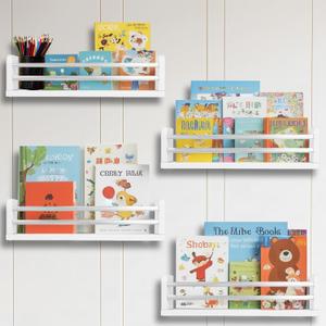 Nursery Wall Book Shelves Set of 4, 16" Solid Pine Wood Floating Book Ledges with Dual Safety Rails, Wall Mounted Kids Bookshelf for Baby & Toddler Books, Toys & Decor, Reversible Install, Silver