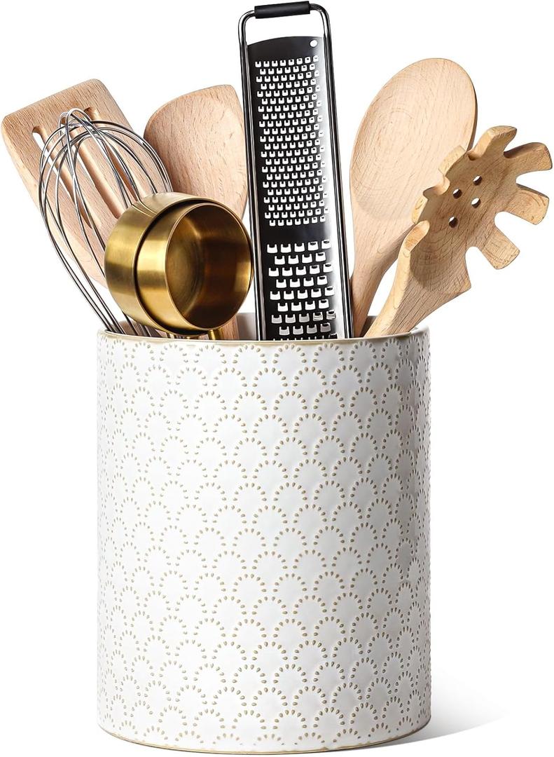 LE TAUCI Utensil Holder, 7.1" Ceramic Kitchen Utensil Holder for Counter top, Embossed Cooking Utensil Organizer for Spatula & Spoon, Kitchen Decor, Set of 1, Arctic White, Fireworks