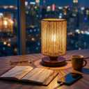 Rattan Table Lamp,Boho Small Beside Lamp,Farmhouse Table Lamp for Room Decor,Vintage Wicker Wooden Nightstand Bamboo Woven End Table Lamps for Bedroom Living Room Desk Kids Room,LED Bulb Included