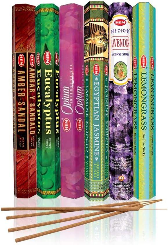 HEM assorted best sellers incense sticks pack of 6 - 120 Sticks, Fragrance - Lemongrass, Lavender, Egyptian Jasmine, Ambar Sandalo, Opium, Eucalyptus