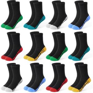 GENTABY 12 Pairs Boys Crew Socks Athletic Cotton Kids Socks Running Crew White Black Soft Sock for Toddler Boys 10-14 Years