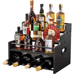 KLM 4-Tier Wood Display Shelf, Black Modern Bottle Organizer, Countertop Bar Stand for Liquor, Coffee Syrup, (Black)