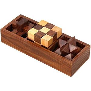Ajuny 3-in-One Wooden Puzzle Games Set - 3D Puzzles for Teens and Adults - Challenging Brain Teasers 3D Puzzle IQ Logic Handcrafted Games, Includes Decorative Storage Box Best Gift 3 in 1 Game Set