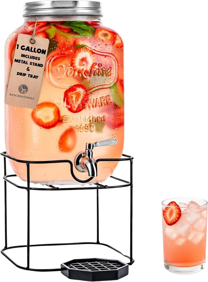 Gallon Glass Drink Dispenser with Stand for Parties  Stainless Steel Spigot, Metal Lid, and Drip Tray  Classic Mason Jar Lemonade Dispenser for Iced Tea, Kombucha, and More