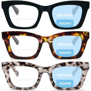 REAVEE 3 Pack Bifocal Reading Glasses for Women, Blue Light Blocking Stylish Thick Frame Readers Spring Hinges