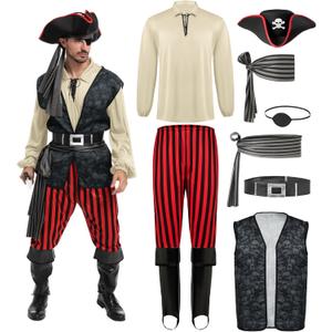 Spooktacular Creations Men Pirate Costume, Adult Pirate Shirt Vest Viking Pants Hat Set for Halloween Themed Parties (S)