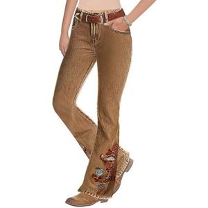 Flamingals Women's Floral Embroidery Mid Waist High Stretch Bootcut Jeans with Pockets, M