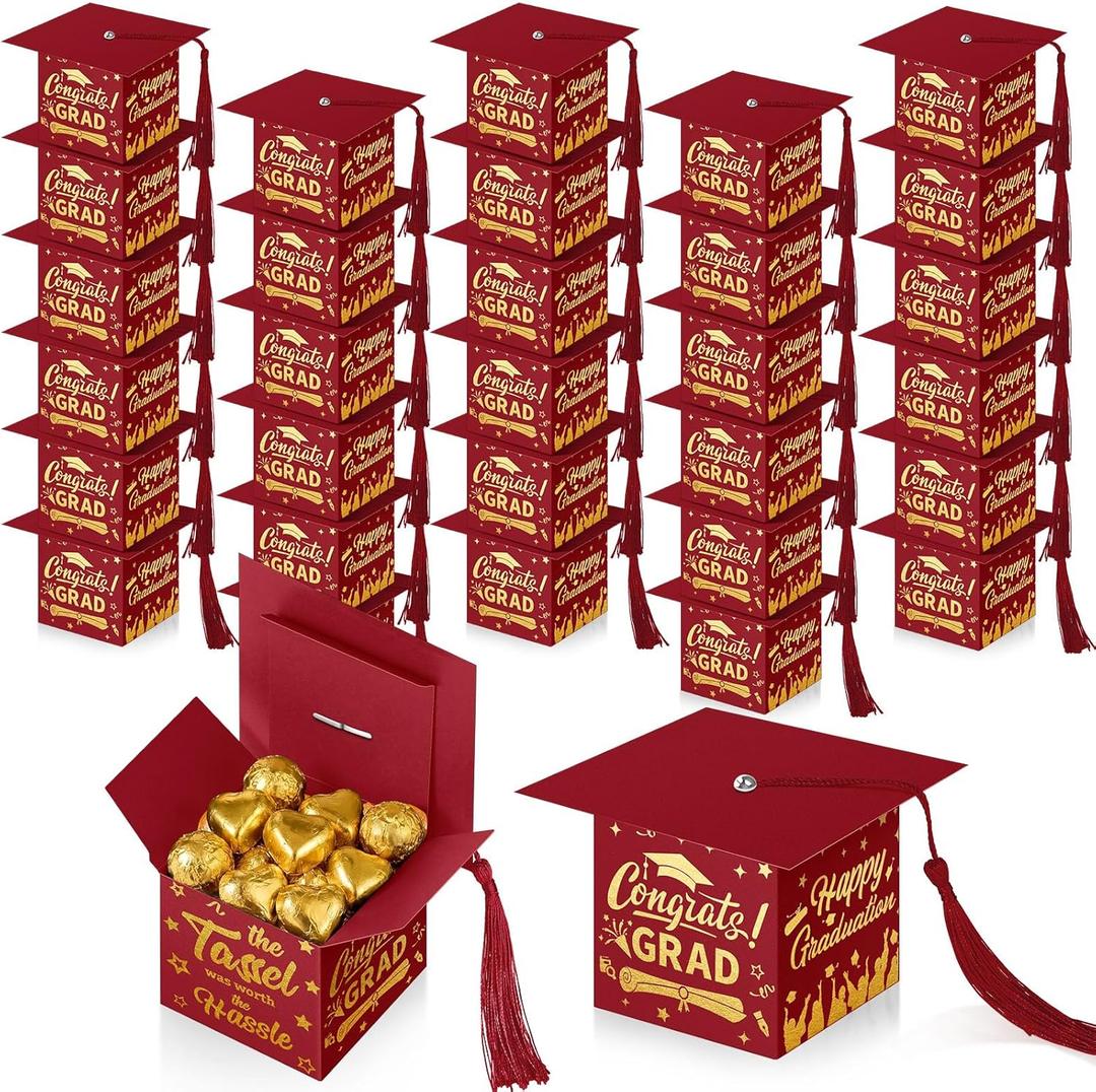 TaoBary 30 Pcs Graduation Cap Candy Box 2026 Graduation Decorations Party Favors Gifts Grad Cap Box with Tassel for Candy Chocolate Biscuit Supplies(Maroon)