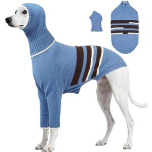 DENTRUN Greyhound Dog Sweater Medium with Detachable Hood - Warm Winter Knit Hoodie for Long Neck Dogs, Turtleneck Cold Weather Clothes with Leash Hole for Whippet, Saluki, Afghan Hound, Borzoi (Blue)