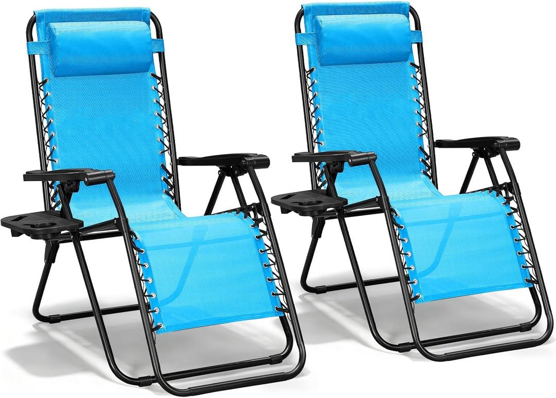 Zero Gravity Chairs Set of 2, Adjustable Lounge Chair Outdoor Recliner, Folding Reclining Lawn Chair, Anti Gravity Chair with Pillow & Cup Holder for Pool Camping Sunbathing Beach Patio (Sky Blue), 2pcs
