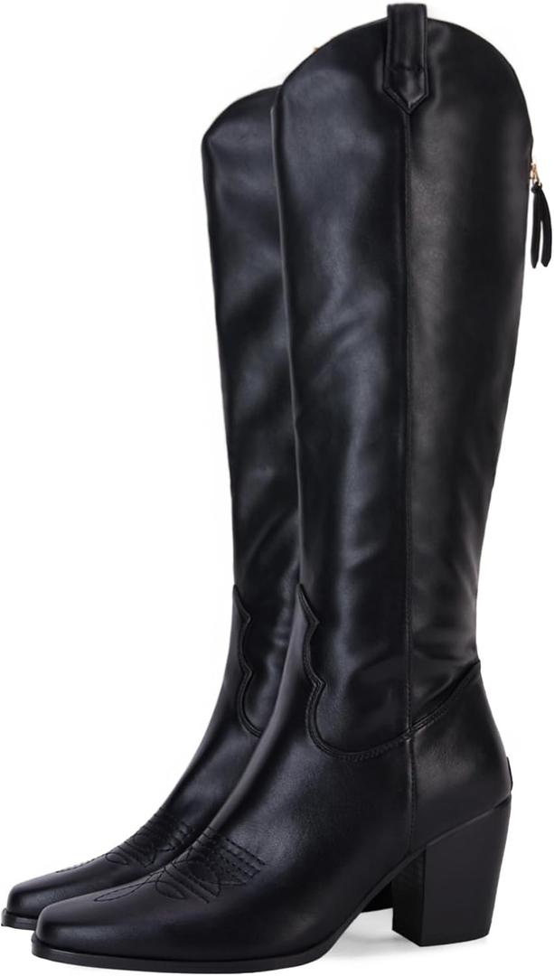 Women Cowboy Knee High Boots Chunky Block Heel Square Toe Tall Riding Boots (Black)