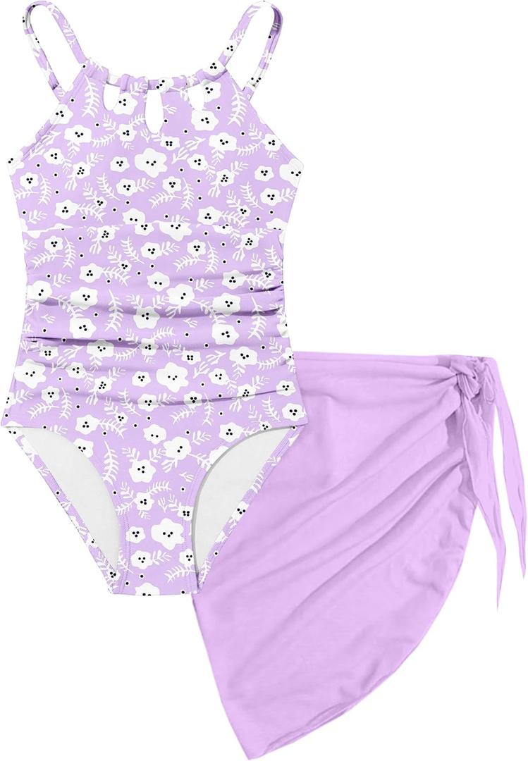 KANGKANG Girls Swimsuit Quick Dry Cut Out One Piece Swimsuits with Tropical Print Cover Up Skirt Bathing Suit Swimwear 7-18Y (9-10 Years, Light Lavender Floral)