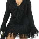 NRTHYE Women 2 Piece Sweater Skirt Set Casual Tassel Long Sleeve Sweaters Fringe Mini Skirt Matching Sexy Club Outfits (00 Black), Size XL