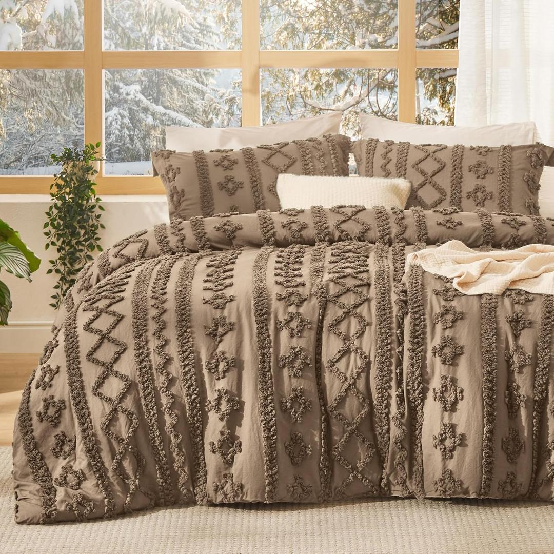 Bedsure Tufted Boho Comforter Set California King Size - Light Brown Boho Bed Set, GentleSoft 3 Pieces Farmhouse-Style Embroidery Bedding, Gifts for Woman, Jacquard Comforter for All Seasons