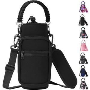32/40/64/128 oz Neoprene Insulated Water Bottle Carrier Bag, Sling Bag Sleeve Pouch Holder with Strap & Paracord Handle and 2 Pocket for Travelling, Hiking, Camping (A1. Black)