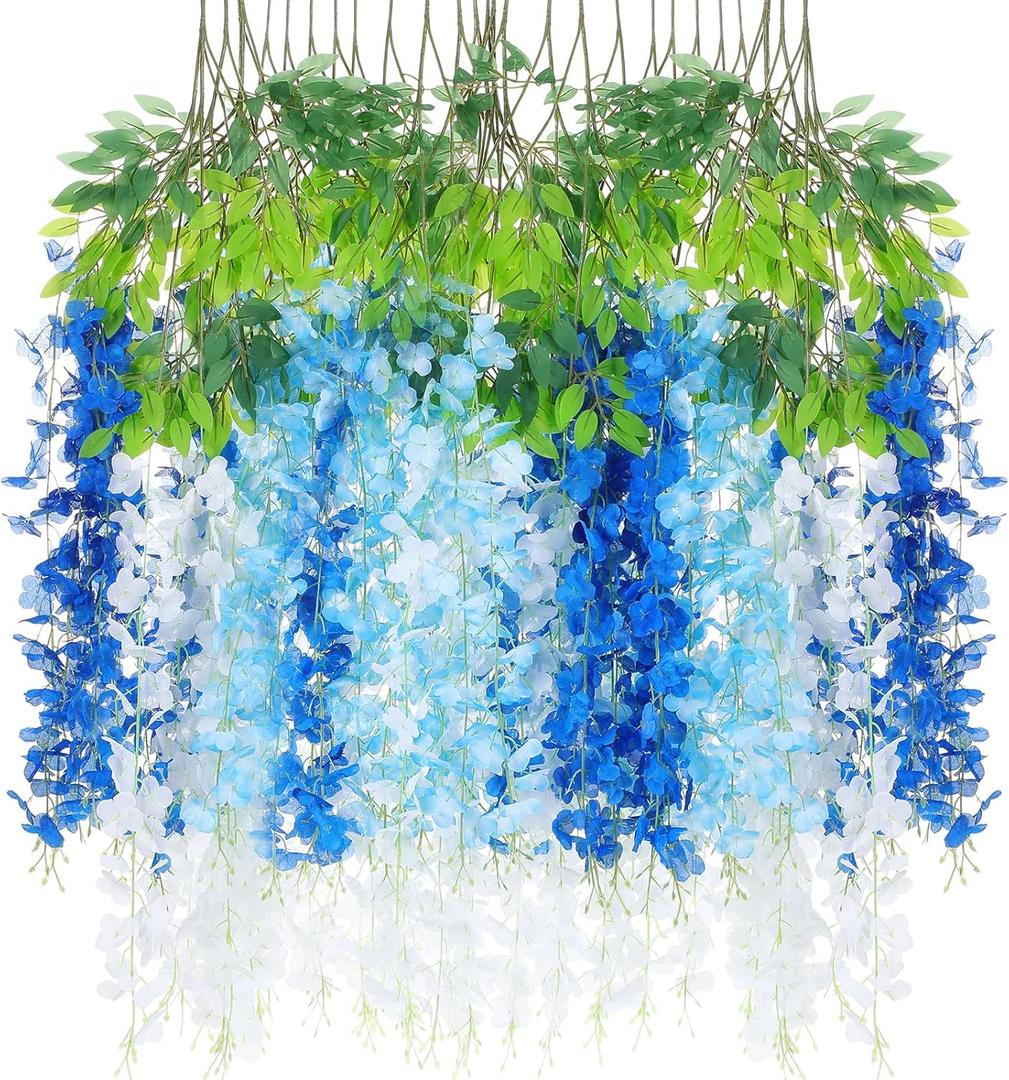 24 Pcs Wisteria Hanging Flowers 3.6 Feet Artificial Fake Wisteria Flower Vine Garland Ratta for Backdrop Wedding Decor Home Party(Blue, White)