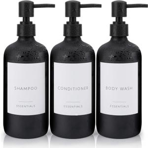 Shampoo and Conditioner Dispenser 21oz Set of 3 Plastic Shower Soap Bottles with Pump and Labels Stylish Shampoo Conditioner Body Wash Dispenser 2cc, Black