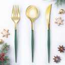Lullaby 150PCS Gold Plastic Silverware - Disposable Flatware with Green Handles, Includes 50 Knives, 50 Forks, 50 Spoons, Perfect for Birthdays, Weddings, Picnics