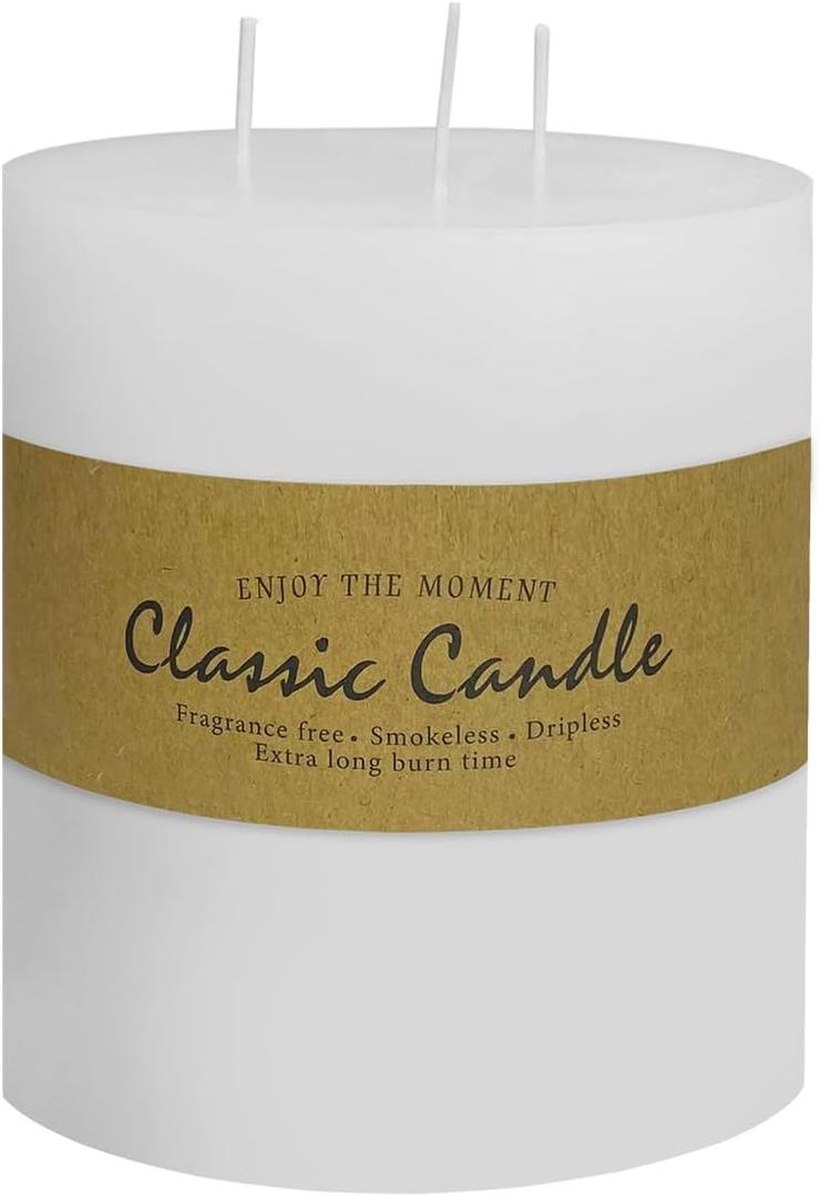 3 Wick White Extra Large Pillar Candle, 6" x 6", Unscented, Dripless, Smokeless, and Clean-Burning. Approx. 120 Hours of Burn Time. Perfect for Weddings, Dinners, Christmas and Home Decor