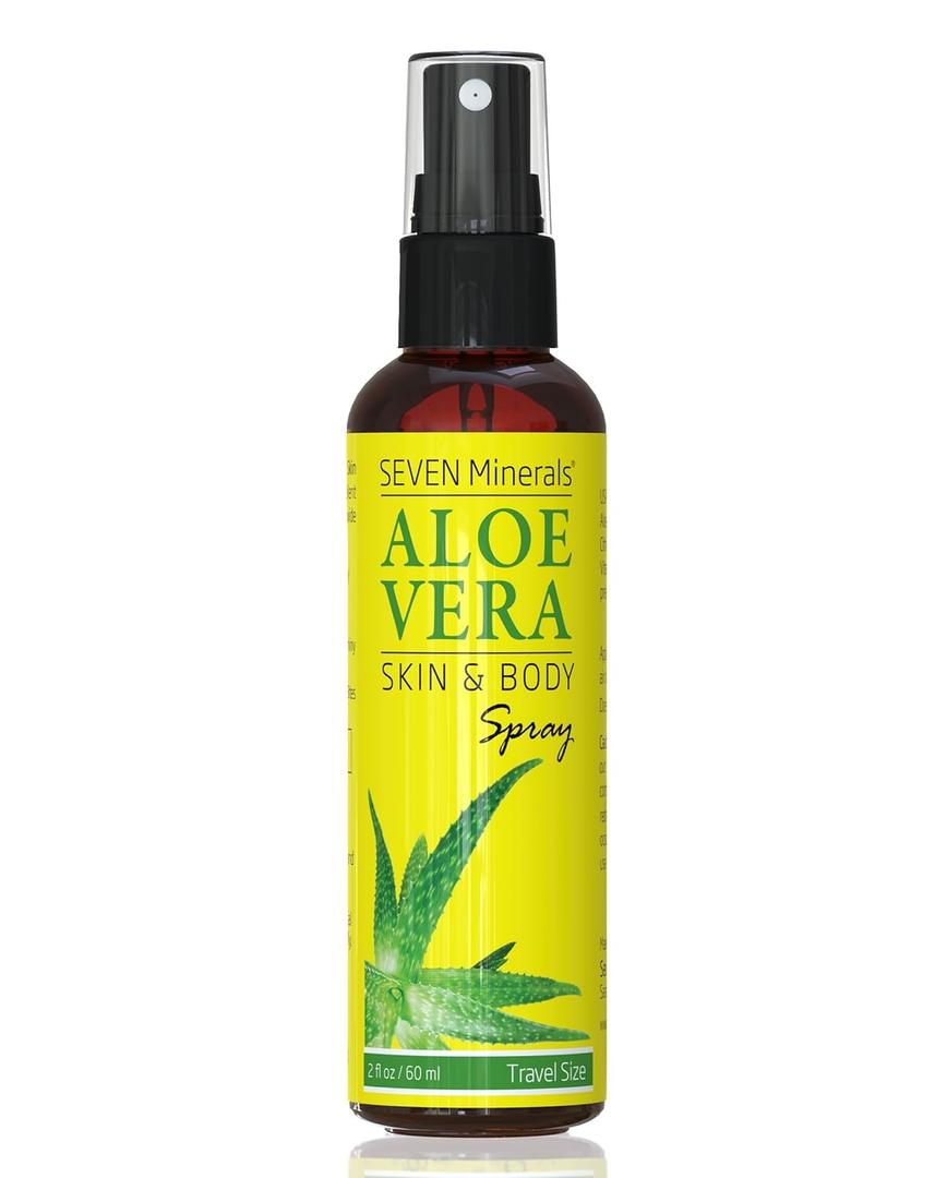 Seven Minerals Travel Size Organic Aloe Vera Spray with 100% Pure Aloe From Freshly Cut Aloe Plant, Not Powder - No Xanthan, So It Absorbs Rapidly With No Sticky Residue (2 fl oz), Pack of 2