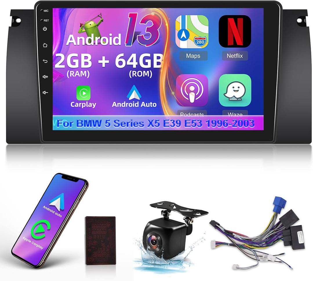 [2+64G] Android 13 Car Stereo for BMW 5 Series X5 E39 M5 E38 E53 1996-2003 - Wireless Carplay & Android Auto - 9 Inch HD Touchscreen EQ Audio - Mirror Link GPS WiFi SWC + AHD Backup Camera + Canbus