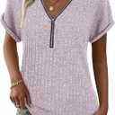 Koscacy Plus Size Evening Tops for Women Causal Zipper Pretty Womens Shirts Ladies Striped Summer Trendy Outfits Tshirt for Women Summer Cotton Pink XXL