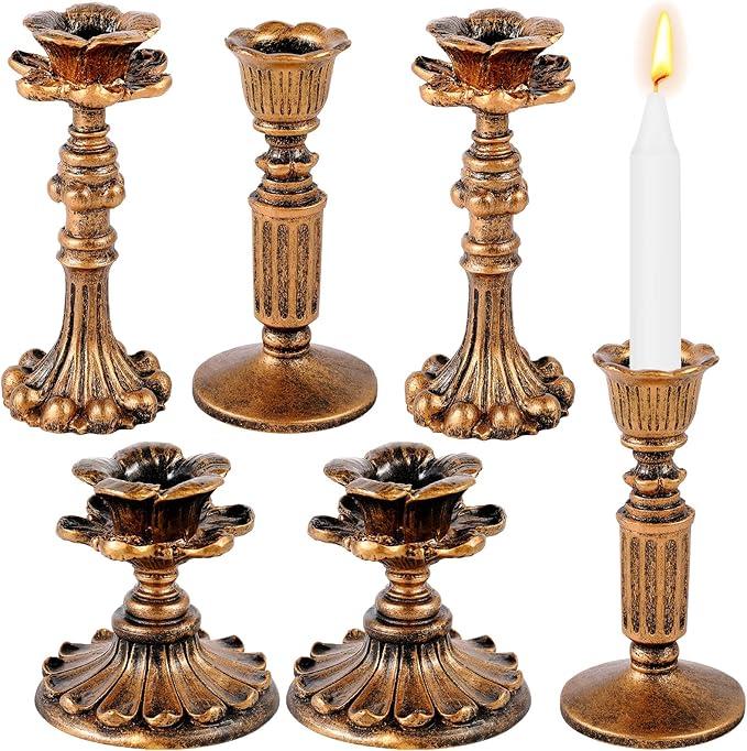 Suclain 6 Pcs Vintage Candlestick Holders Taper Resin Candle Holder Retro Antique Candle Holder Floral Decorative Candlesticks for Wedding Anniversary Table Centerpieces Fireplace Home Decor(Bronze)