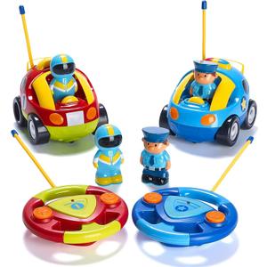 PREXTEX Cartoon Remote Control Car - 2-Pack Police and Race Car Toddler Toys - RC Cars for Kids with Different Frequencies - Easy Remote Control Toy and Thoughtful Gifts for Boys and Girls