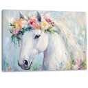 Pormipone White Horse Wall Art 24x36 Inch Framed Canvas Oil Painting