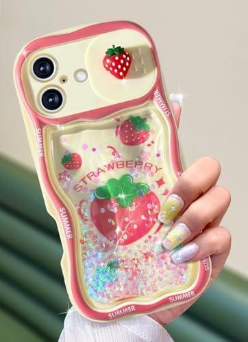 Toycamp for iPhone 16 Plus Case 6.7" - Women Girls Cute Phone Cover Strawberry with Sliding Camera Cover Girly Glitter Pretty Kawaii Design Unique Flowing Liquid Quicksand Case for iPhone 16 Plus