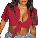 Bornpom Women Sexy Graphic Tees Low Cut V Neck Tops Short Sleeve Shirts Knot Front Tops (Red)