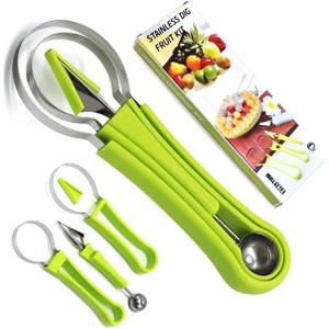 4 In 1 Stainless Steel Fruit Carving Tools Set, Melon Baller Scoop Set,watermelon scooper fruit scooper and baller, fruit carving tools,Perfect Tools for Making Fruit Shapes (Green)