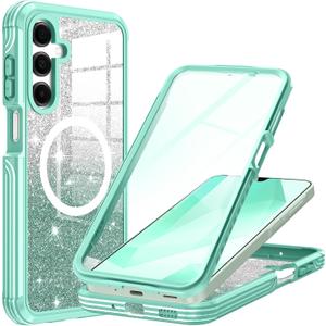 Hekodonk for Samsung Galaxy A16 Case Glitter,Compatible with MagSafe[Built-in Tempered Glass Screen Protector & Camera Lens Protection] Full Body Shockproof Protective Bling Phone Case,Green