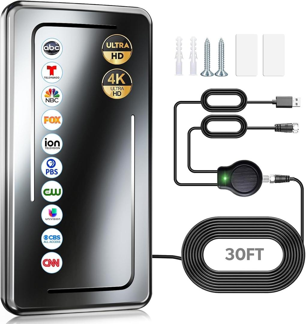 2025 Upgraded TV Antenna Indoor, 1900+ Miles Range Digital Antenna for Smart TV Indoor, HDTV Antenna for Local Channels with Amplifier Signal Booster, Support 8K 4K 1080p - 30ft Coax Cable