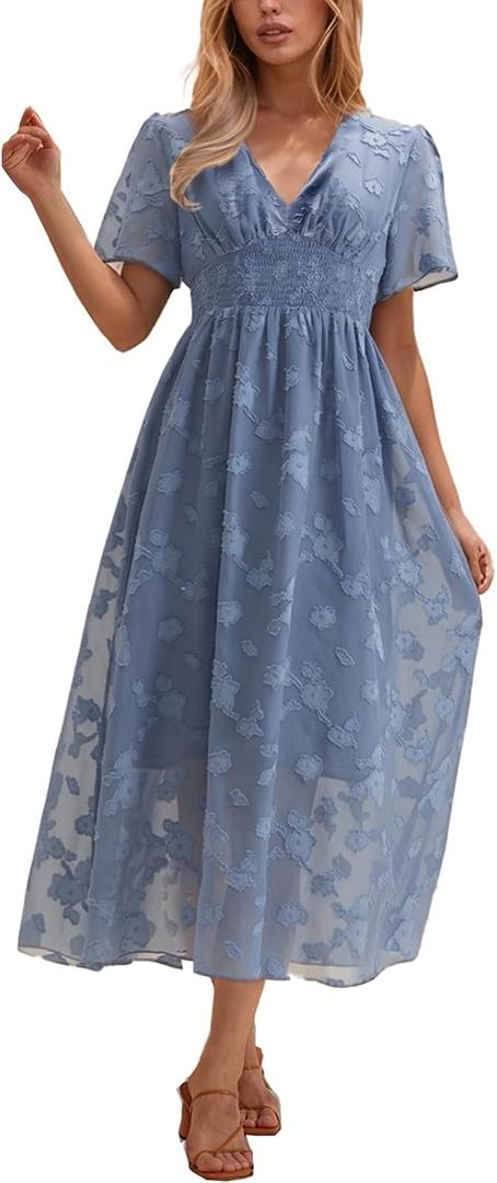 Women's Summer Casual Midi Dress Short Sleeve Smocked Floral Dress Elastic Waist V Neck Wedding Guest Dresses (Blue, M)