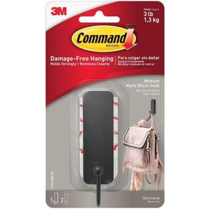 Command Strips 17034mb-Es Medium Matte Black Command Decorative Hook With Command Adhesive Strips