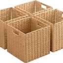 Foldable Storage Baskets with Handles Paper Rope Storage Baskets Rectangle Collapsible Hand Woven Storage Cubes Bins for Organizing Shelves Living Room Bedroom Pantry (4, 13'' x 13'' x 13'')