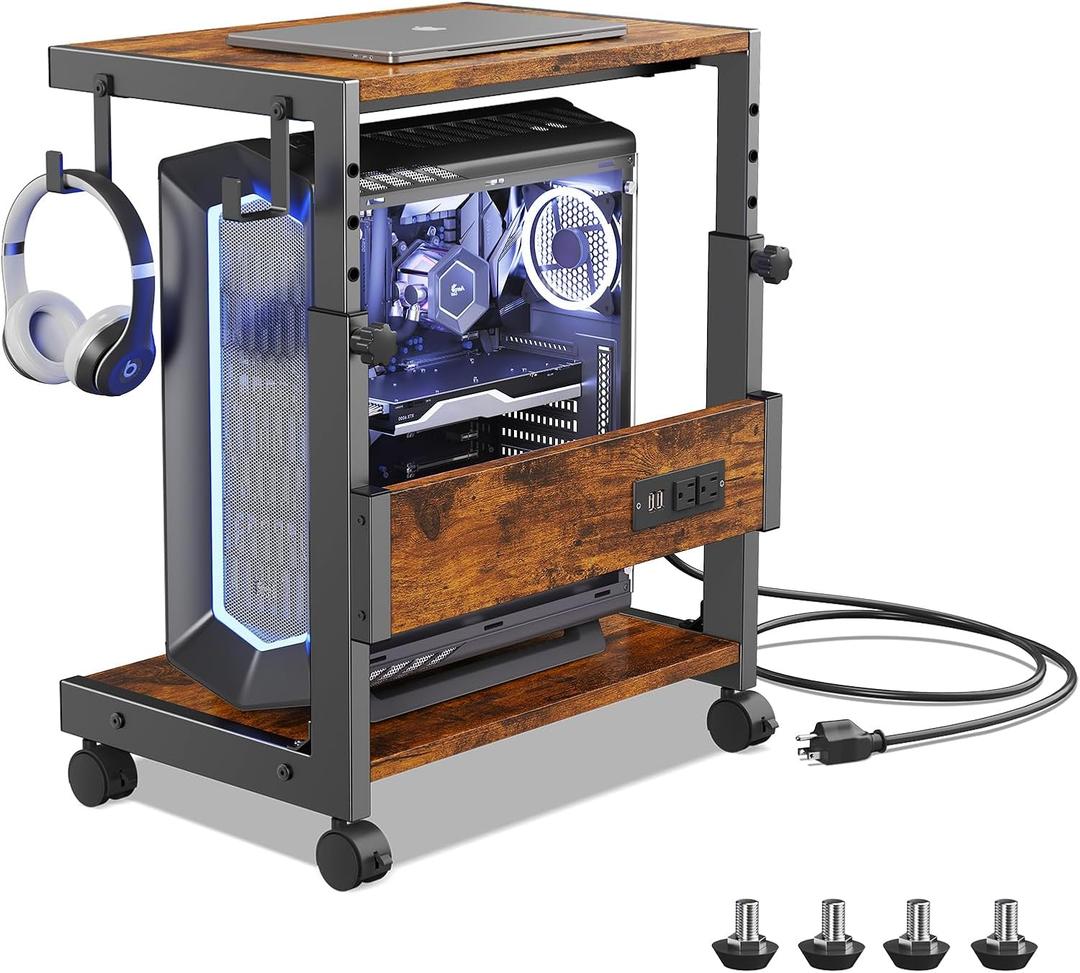 Computer Tower Stand with Charge Station and USB Charging Port - Height Adjustable PC Tower Stand, Under Desk CPU Holder Cart with Locking Caster Wheels for Fits Most PC