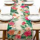 Croar Summer Hibiscus Flower Dining Table Runner, Tropical Plant Palm Leaves Monstera Butterfly Burlap Kitchen Decoration, Spring Hawaiian Luau Indoor Outdoor Home Decor Party Supply 13 x 72 Inches
