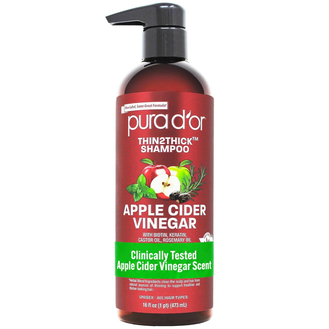 PURA D'OR Apple Cider Vinegar Thin2Thick Shampoo - Biotin, Castor Oil for Reduced Frizz, Split Ends, Clarifying & Detox, No Parabens, No Sulfates, All Hair Types, Men & Women 16 Fl Oz