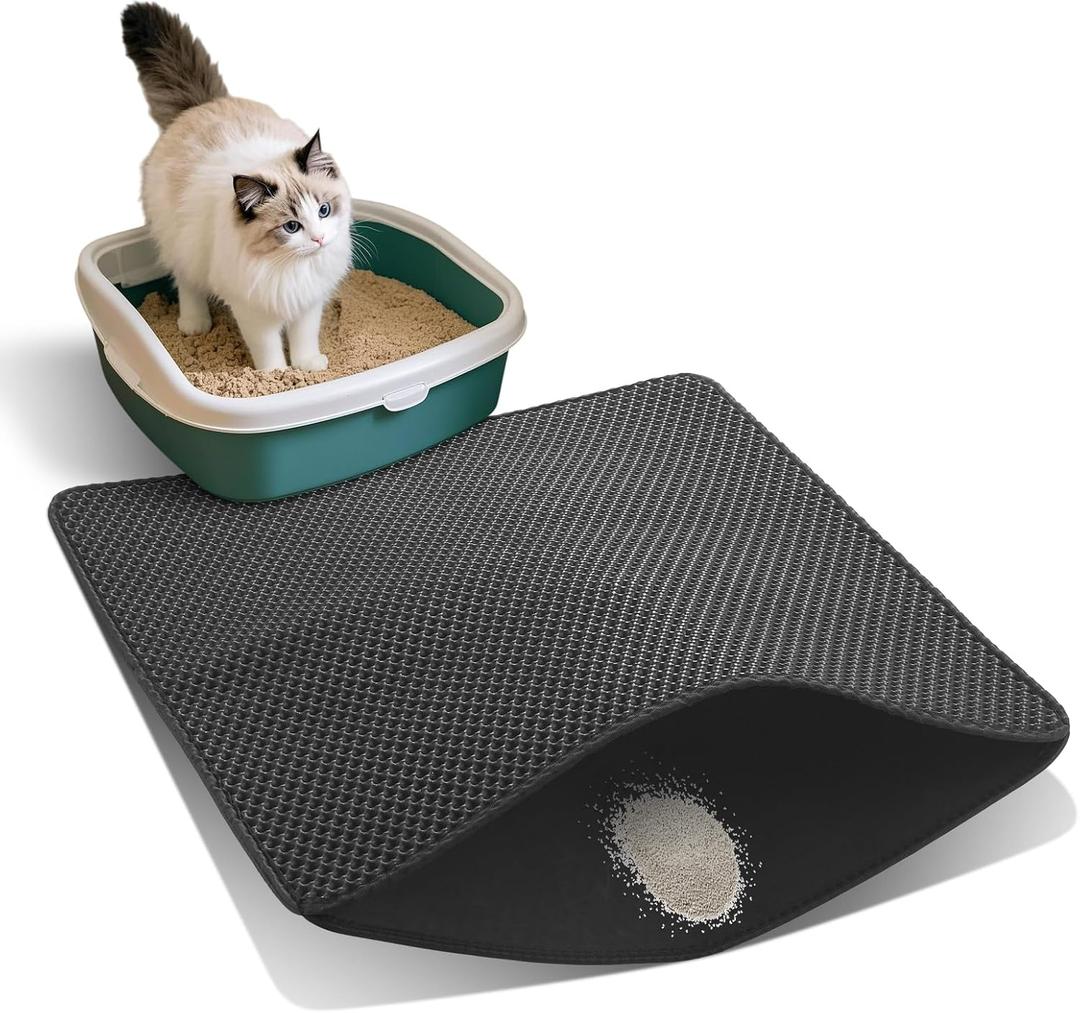 Cat Litter Mat for Indoor Cats Eva Double-Layer Litter Box Mat Washable for Easy Cleaning Cat Rug Collects Litter and Prevents Liquid Leakage (Black, 23.615.7inch)