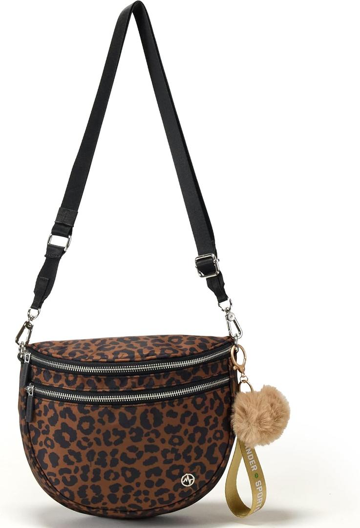 Pander Crossbody Bum Bag for Women, Everyday Nylon Shoulder Bag with Pompom Keychain Wristlet Bag Charm, Adjustable Strap (Medium, Printed - Midnight Leopard)