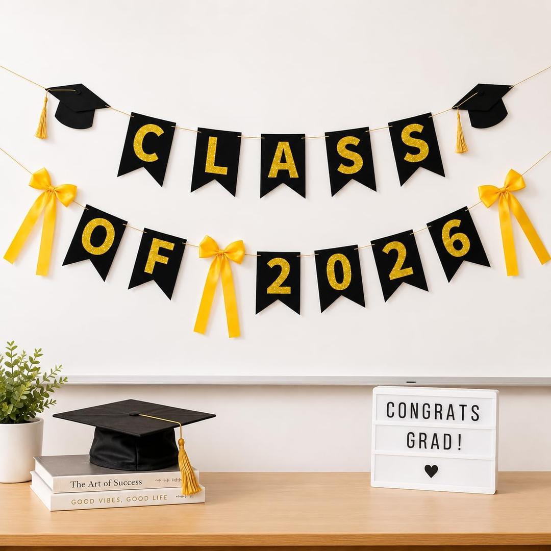 2 x 2026 Graduation Decorations, Black Gold Class of 2026 Graduation Party Banner with Bows, Glitter Grad Party Supplies, Graduation Garland Backdrop for Indoor Outdoor Home Party Decor
